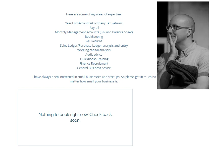 Dorgan Ltd's old Wix services page, ending in an empty booking box that reads: Nothing to book right now. Check back soon.